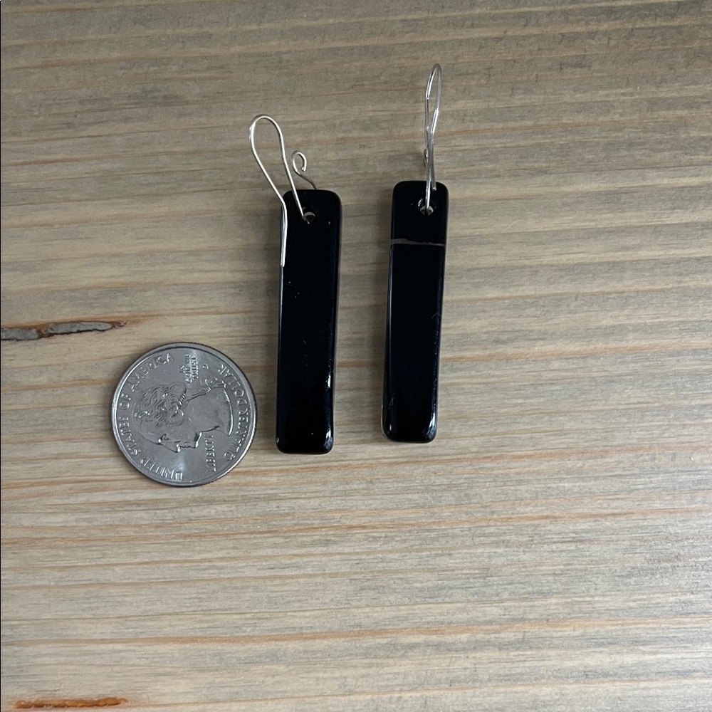 Handmade Black Dichroic Glass Drop Earrings with Pink Accents - Picture 5 of 5